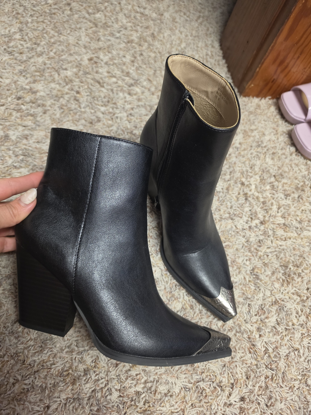 Black Leather Pointed Toe Metal-Cap Ankle Boots